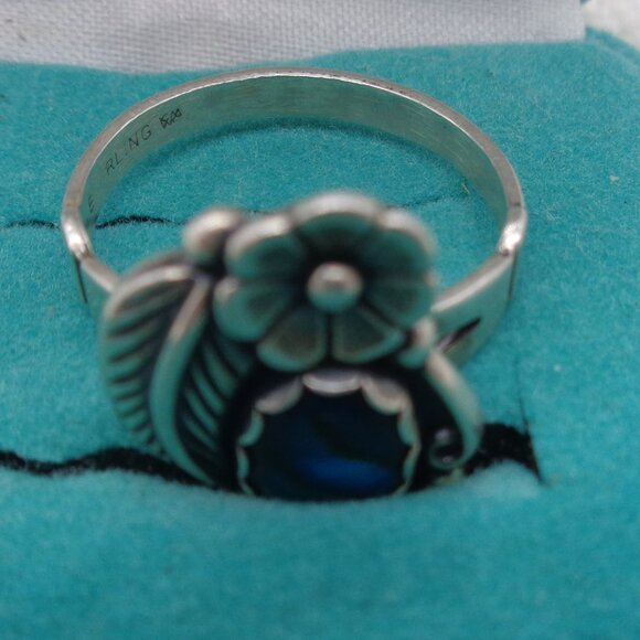 Vintage Blue PAUA SHELL Sterling Silver RING Leaf & Flower SZ. 7.5 - Picture 5 of 9
